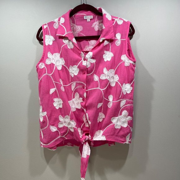 CABANA CAY Women's Embroidered Floral Sleeveless Top Tank Tie Waist Pink Size L - Picture 8 of 11